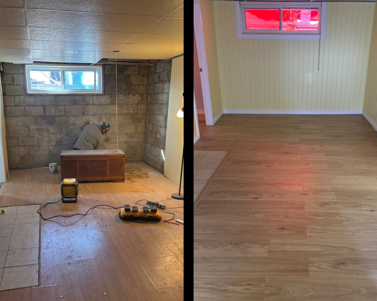Basement renovation before and after — flooring and wall finishing